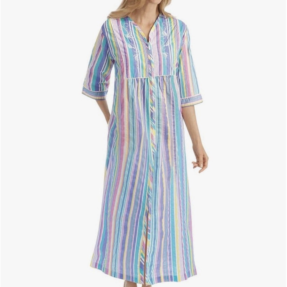 Collections Etc. House Coat Dress Pastel Zip Up Grannycore Seersucker Sz XL